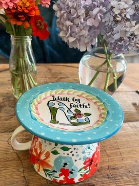 “Walk by Faith” Floral Ceramic Up-Cycled Candle Holder /Jewelry Tray etc.